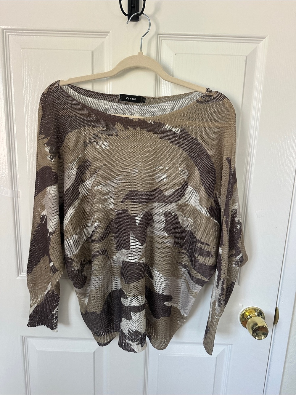 Camouflage Open-Knit Dolman Sweater - Brown/Beige
